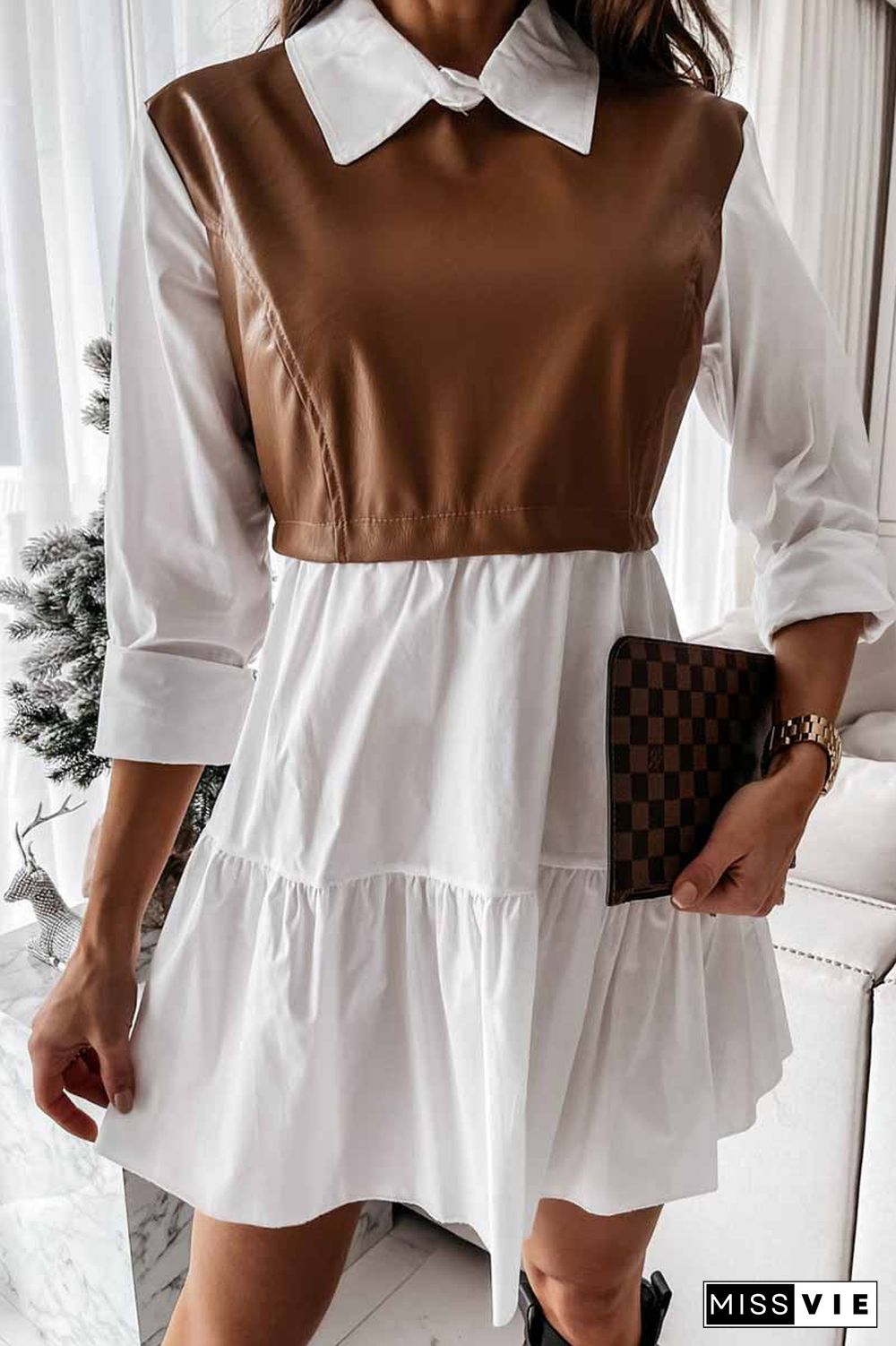 Shirt skirt and leather stitching Mini Dress