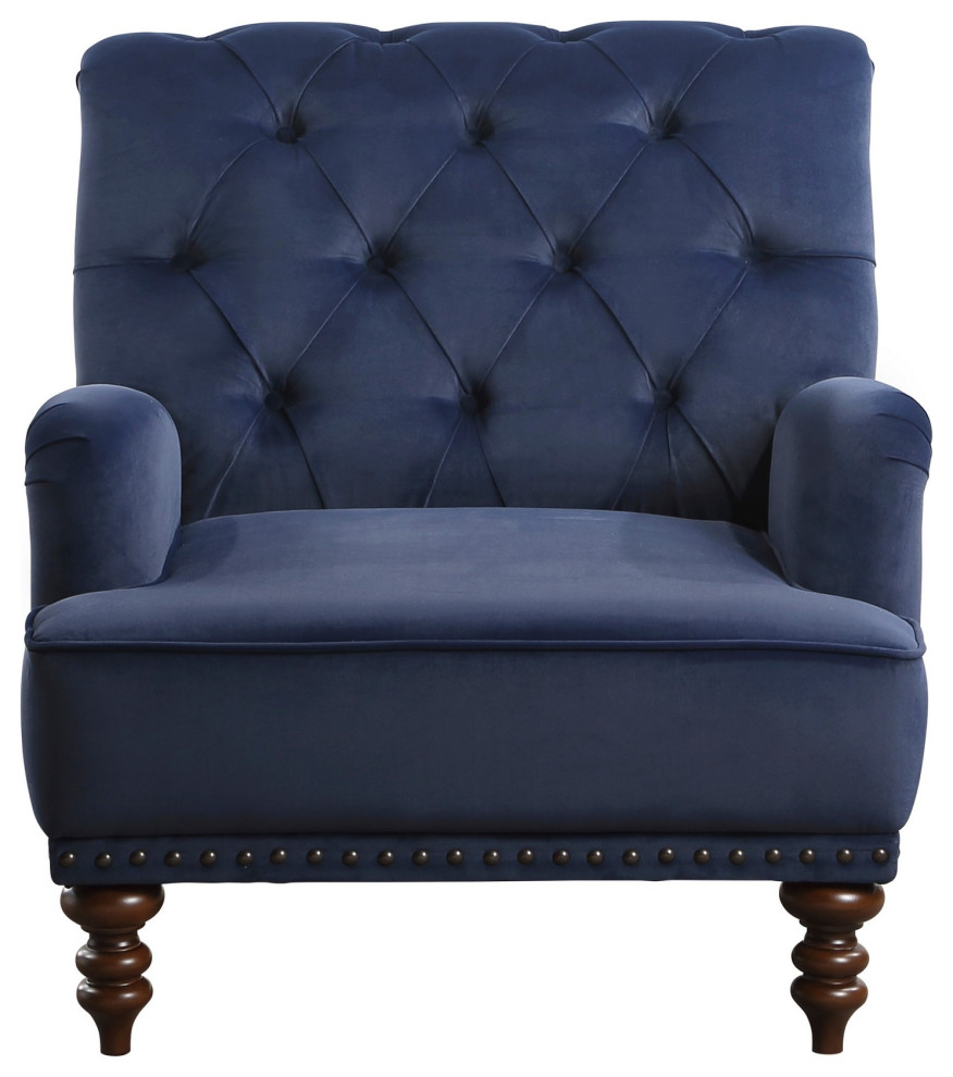 Parry 34 quotTufted Accent Chair  Blue Velvet Fabric  Brown Turned Legs   Traditional   Armchairs And Accent Chairs   by VirVentures  Houzz