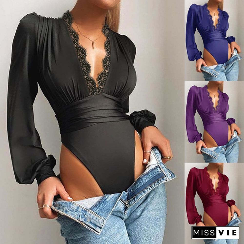 Women Fashion Deep V-neck Long Sleeve Lace Patchwork Solid Color Slim Fit Bodycon Jumpsuit