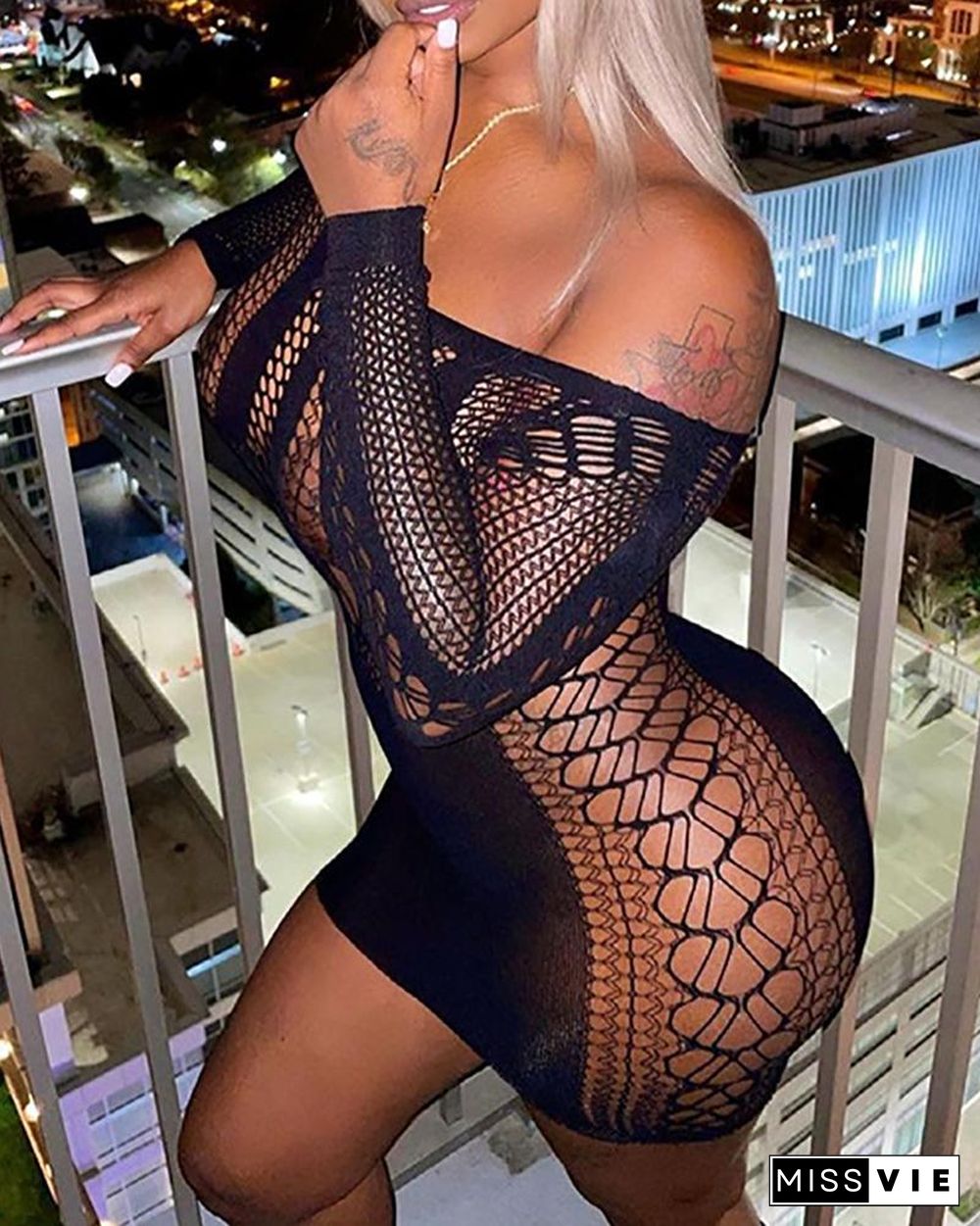 Off Shoulder Mesh Hollow Out Bodycon Dress