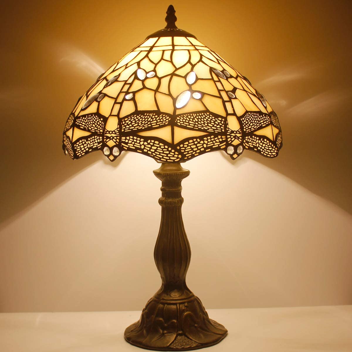 GEDUBIUBOO Tiffany Lamp Cream Stained Glass Dragonfly Bedside Table Lamp Desk Reading Light 12X12X18 Inches Decor Bedroom Living Room  Office S139 Series