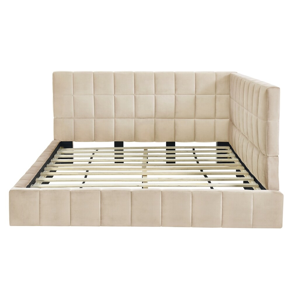 Full Size Upholstered Daybed with Backrest and 1 Unique Armrests  Mid Century Modern Sofa Bed Frame with Wood Slat Support