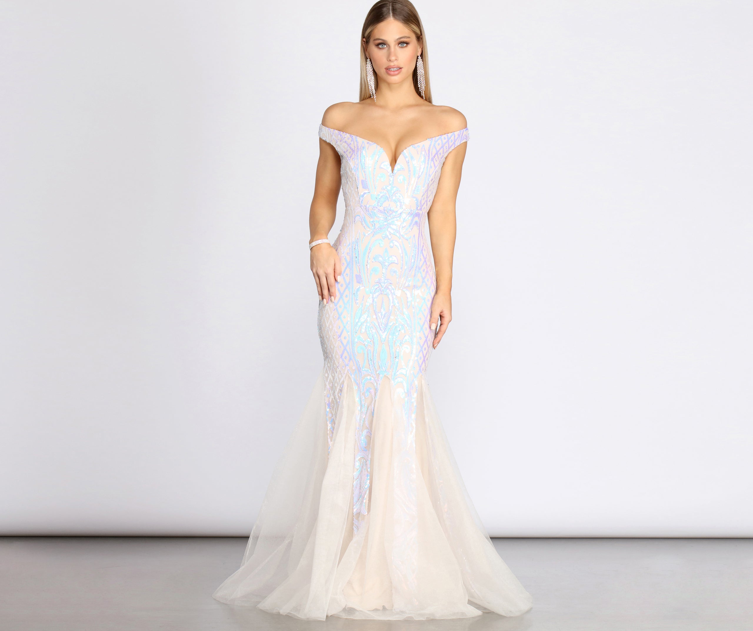 Andrina Iridescent Sequin & Tulle Off Shoulder Mermaid Dress