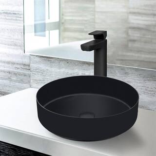 AKDY Matte Black Stainless Steel Round Bathroom Vessel Sink with High Arc Faucet BS001-5-3-2