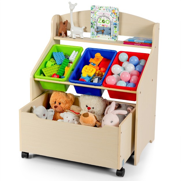 Costway Kids Wooden Toy Storage Unit Organizer W rolling Toy Box amp Plastic Bins Natural espresso