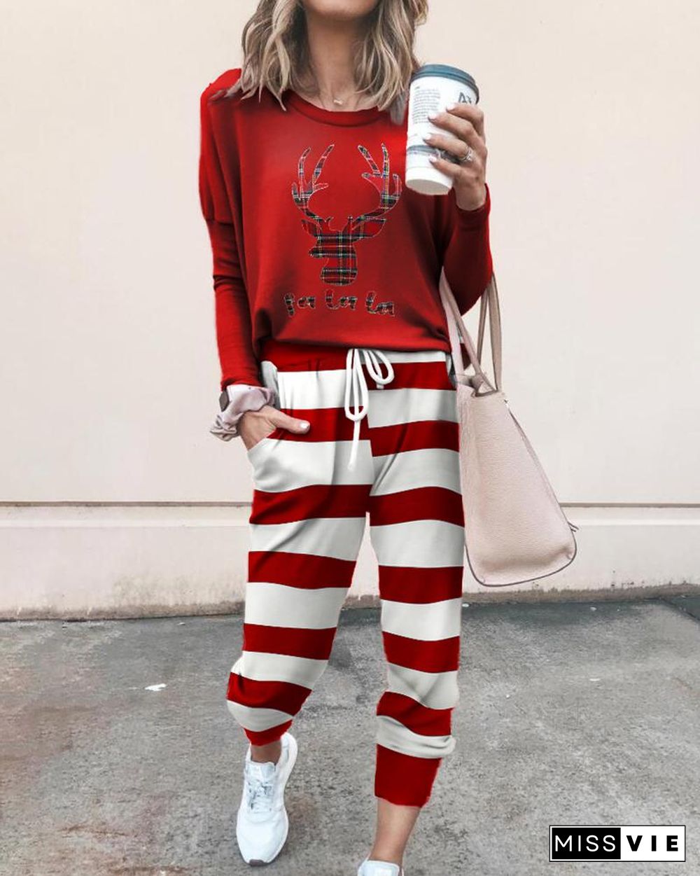 Christmas Moose Print Top & Drawstring Pants Set