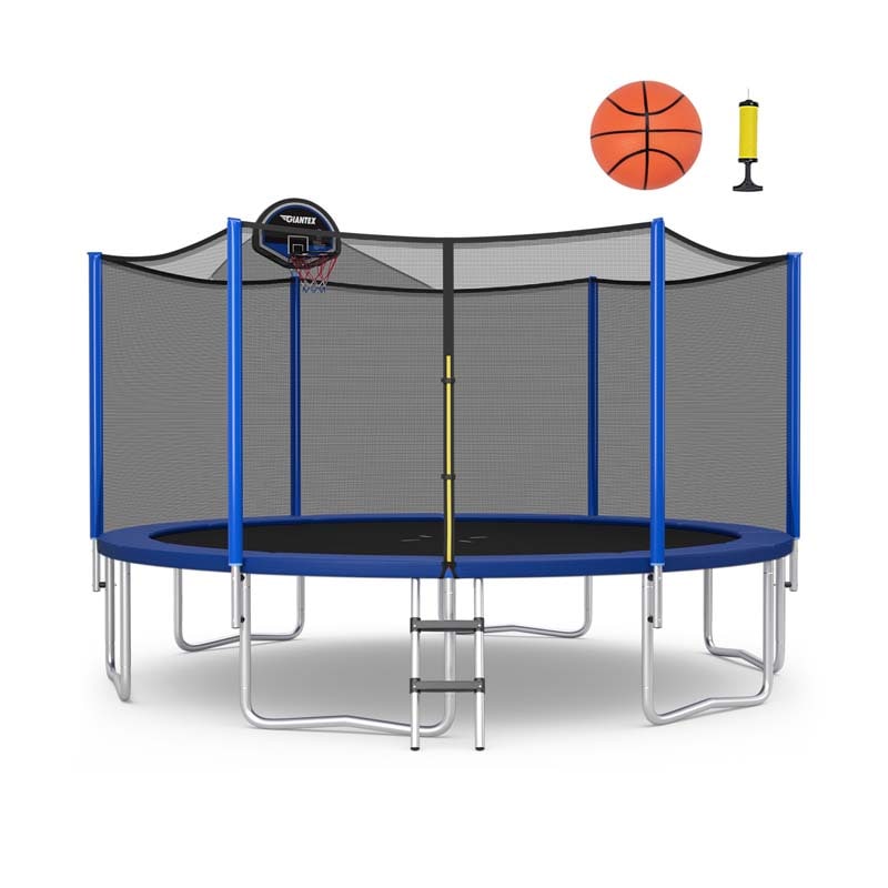 12/14/15/16 FT ASTM Approved Outdoor Recreational Trampoline with Basketball Hoop & External Enclosure Net