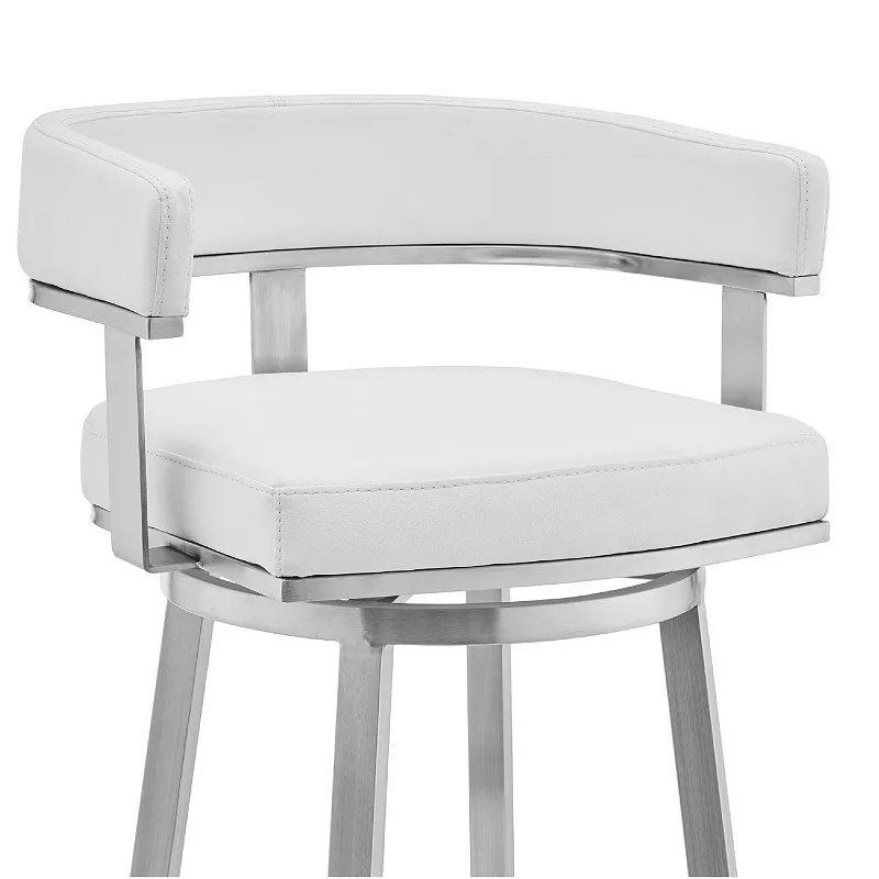 Swivel Barstool with Curved Open Back and Metal Legs， White and Silver