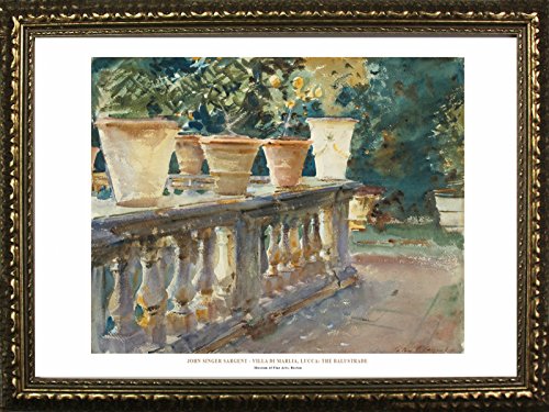 FRAMED Villa Di Marlia, The Balustrade by John Singer Sargent 24x36 Art Print Poster Famous Painting Landscape Flower Pots on Railing From Museum of Fine Arts Boston Collection