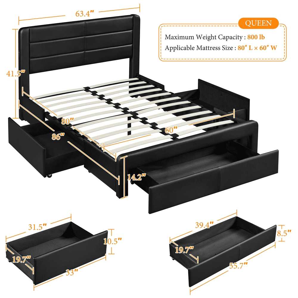 Yaheetech Upholstered Queen Bed with 3 Storage Drawers and Built-In USB Ports/Leather,Black