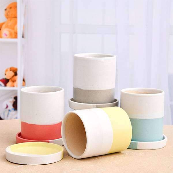 3.1 inch (8 cm) Cylindrical Ceramic Pots with Plates - Pack of 4