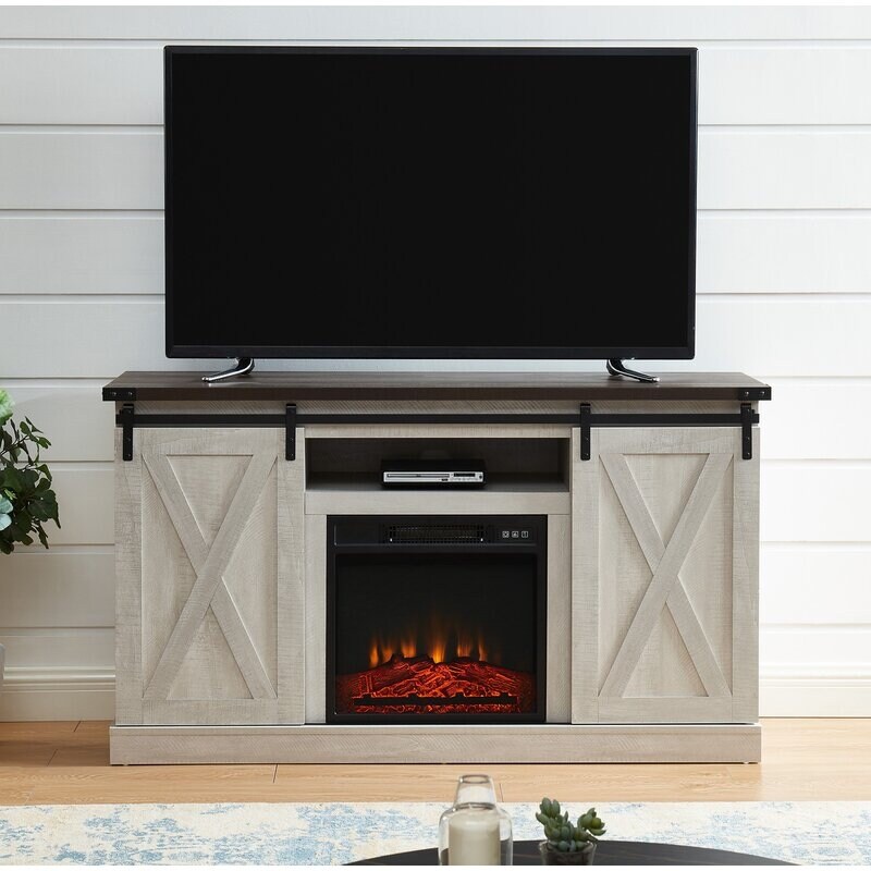 Fireplace TV Stand   Sliding Barn Door Farmhose Entertainment Center with 18'' Electric Fireplace Storage Cabinet