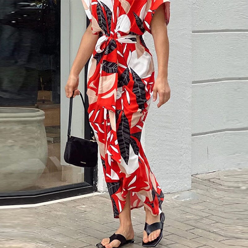 Lapel Tie Leaf Print Dress