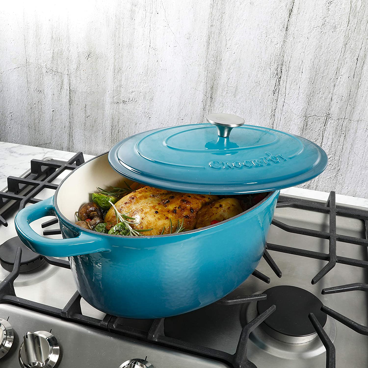 Crock-Pot 109475.02 Artisan Oval Enameled Cast Iron Dutch Oven， 7-Quart， Teal Ombre