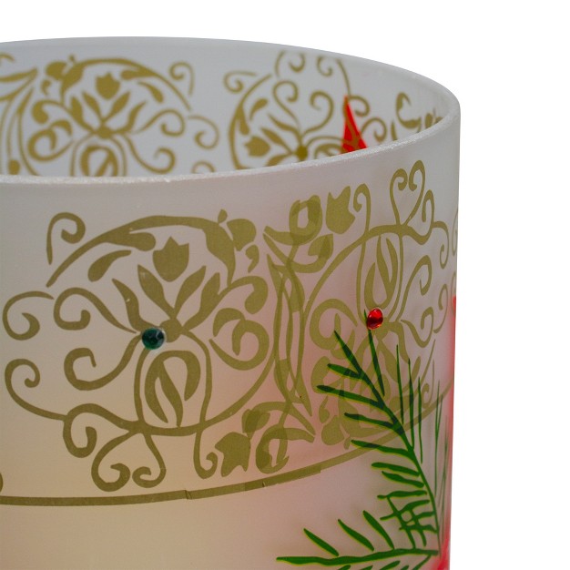 Hand painted Red Poinsettias And Gold Flameless Glass Christmas Candle Holder