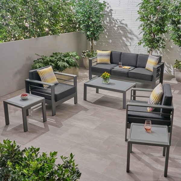 Cape Coral Outdoor 5 Seater Aluminum Sofa Chat Set with 2 Side Tables by Christopher Knight Home