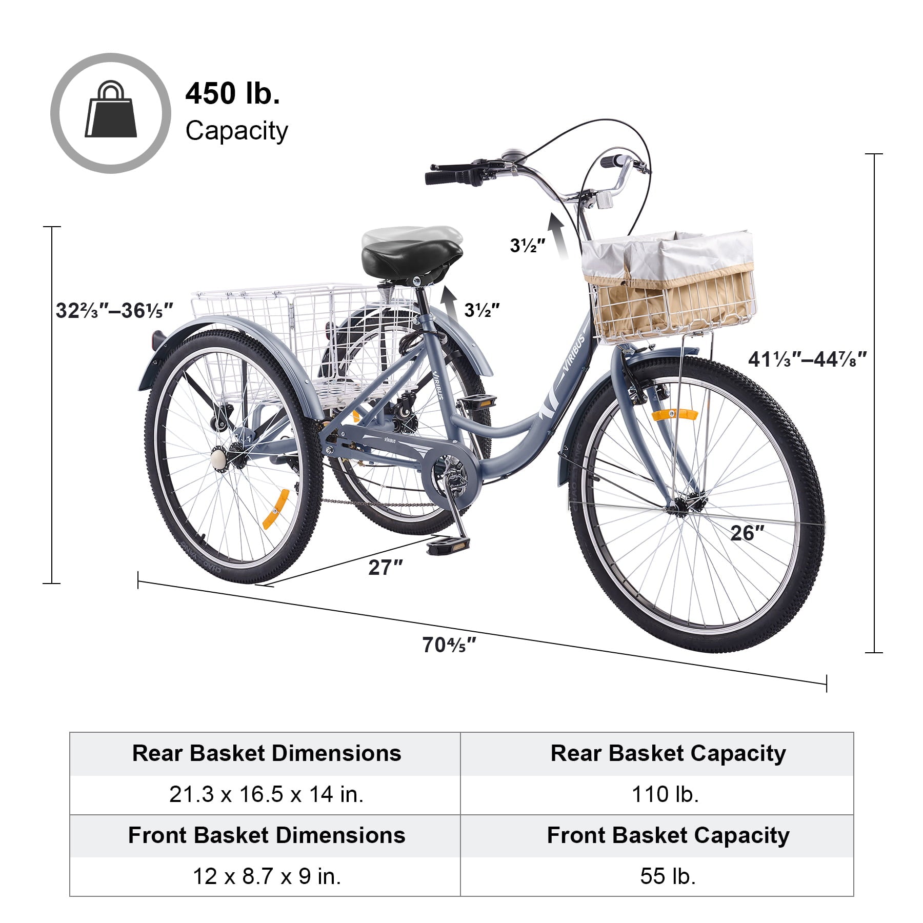 VIRIBUS 26 Inch Adult Exercise Trike 7 Speed with Front Rear Basket Matte Gray