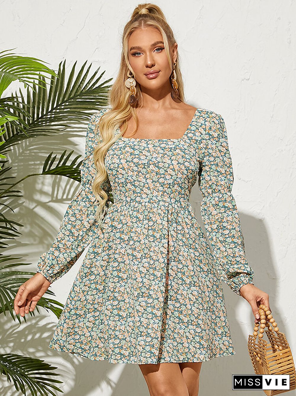 Floral Print Shirred Backless Long Sleeve Square Collar Dress