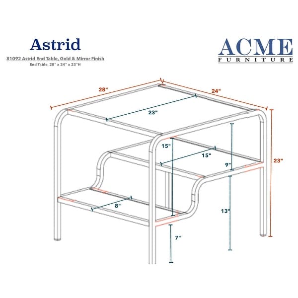 Astrid Square End Table with Shelf， Gold Finish