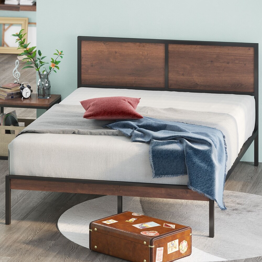 Priage by ZINUS Black and Brown Metal Platform Bed Frame with Split Headboard