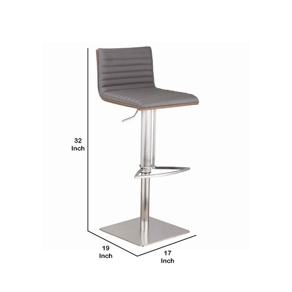 Faux Leather Adjustable Barstool with Horizontal Stitching，Gray and Chrome