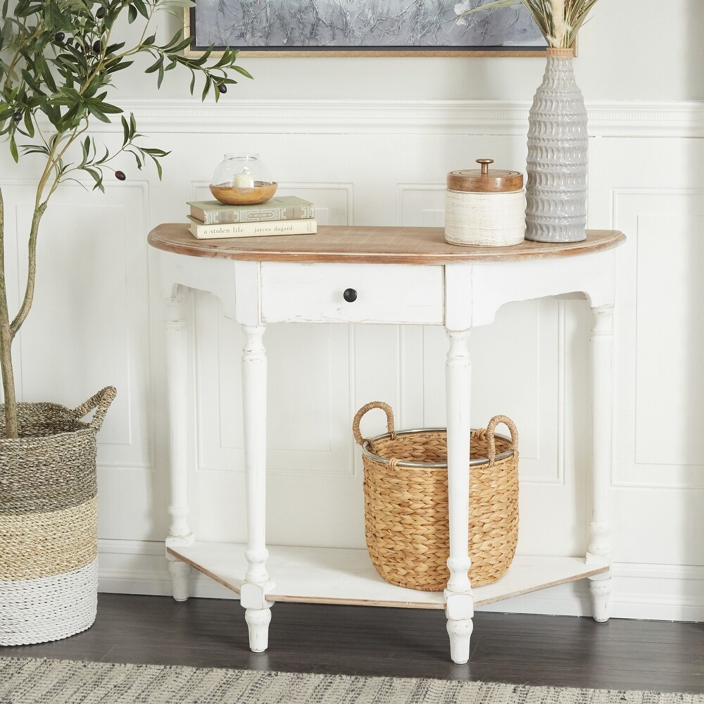 White Wood Farmhouse Console Table with Brown Wood Top