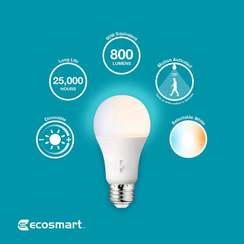 EcoSmart 60-Watt Equivalent A19 Dimmable CEC Motion Sensor LED Light Bulb with Selectable Color Temperature (1-Pack) 11A19060WCCTM01