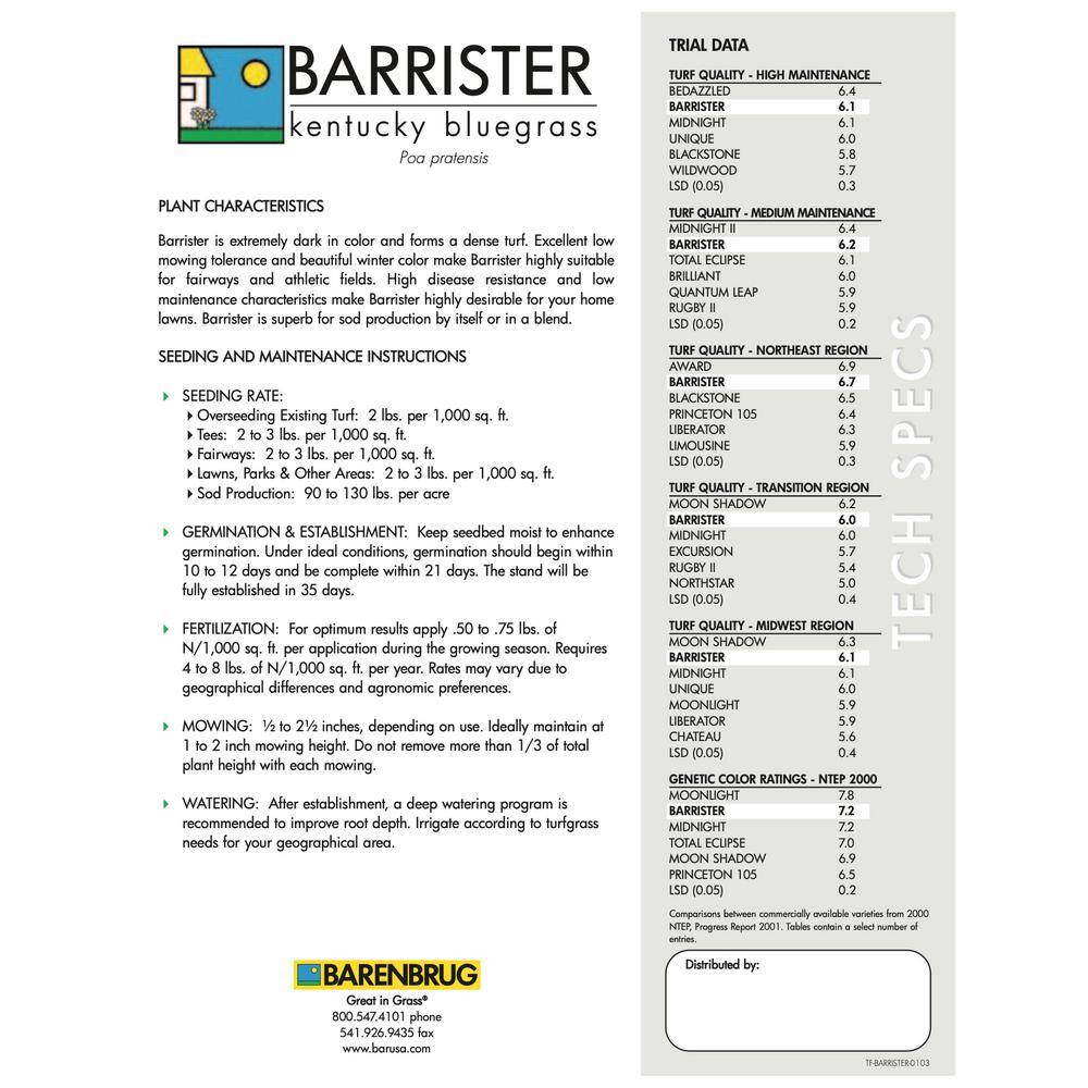 Barenbrug 50 lb. Barrister Kentucky Bluegrass Seed 25076