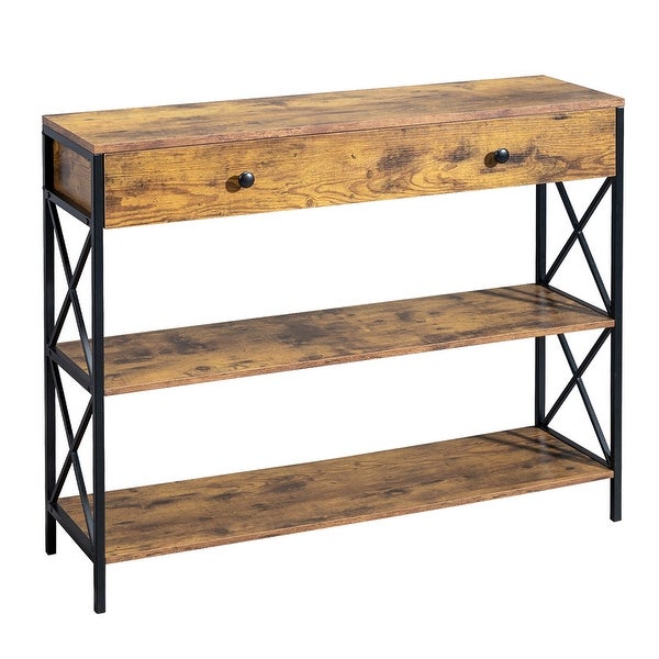 Industrial Style 3-Tier Console Table with Drawer and Shelves