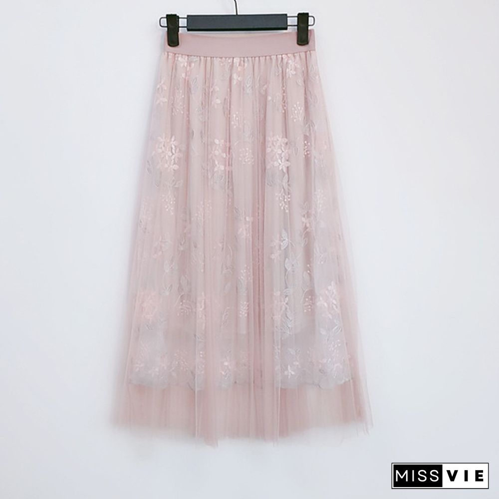 Spring And Summer Korea Mesh Skirt Skirt Heavy Work Embroidery High Waist One Word Long Skirt Fairy Skirt