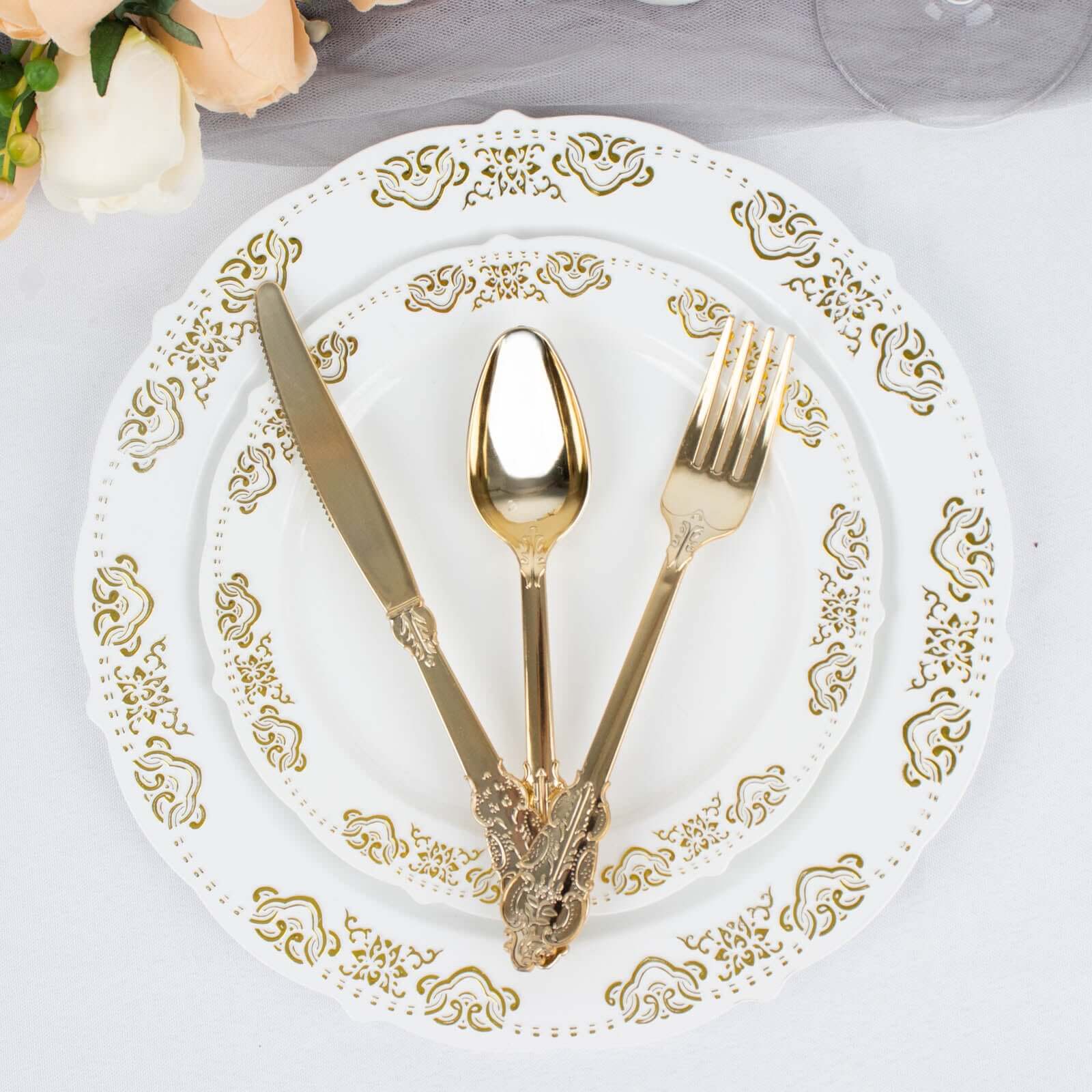 24 Pack Metallic Gold Baroque Style Heavy Duty Plastic Silverware Set