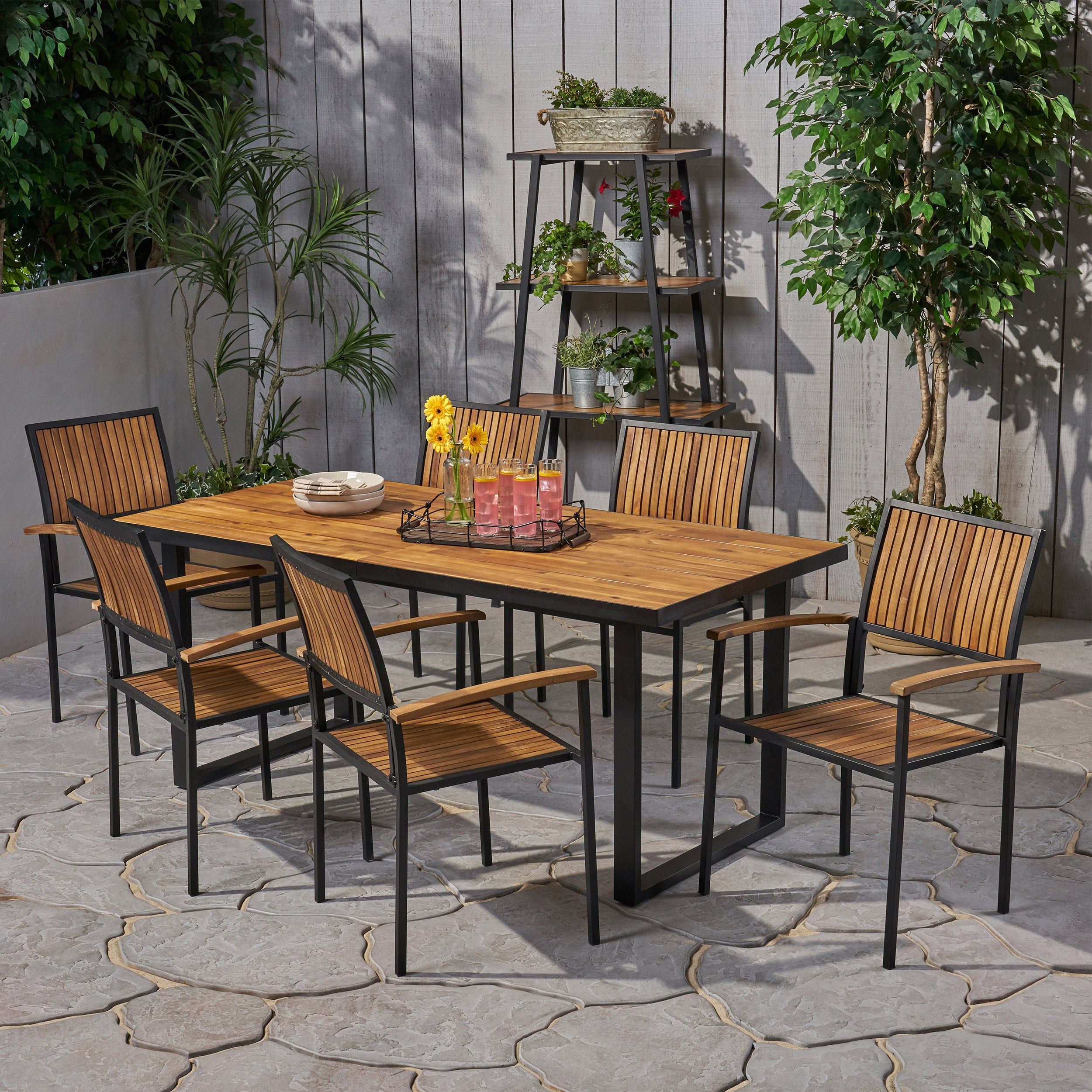 Stoic Outdoor 6 Seater Acacia Wood Dining Set with an Iron Frame