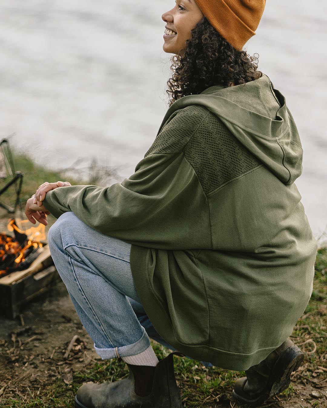 Celeste Recycled Cotton Open Front Hoodie - Dusty Olive