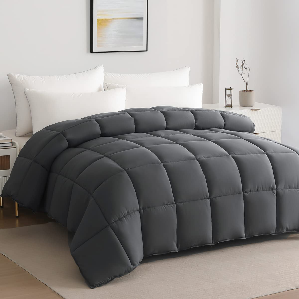 Serwall Luxury Solid Down Alternative Machine Washable Gray Comforters， Queen