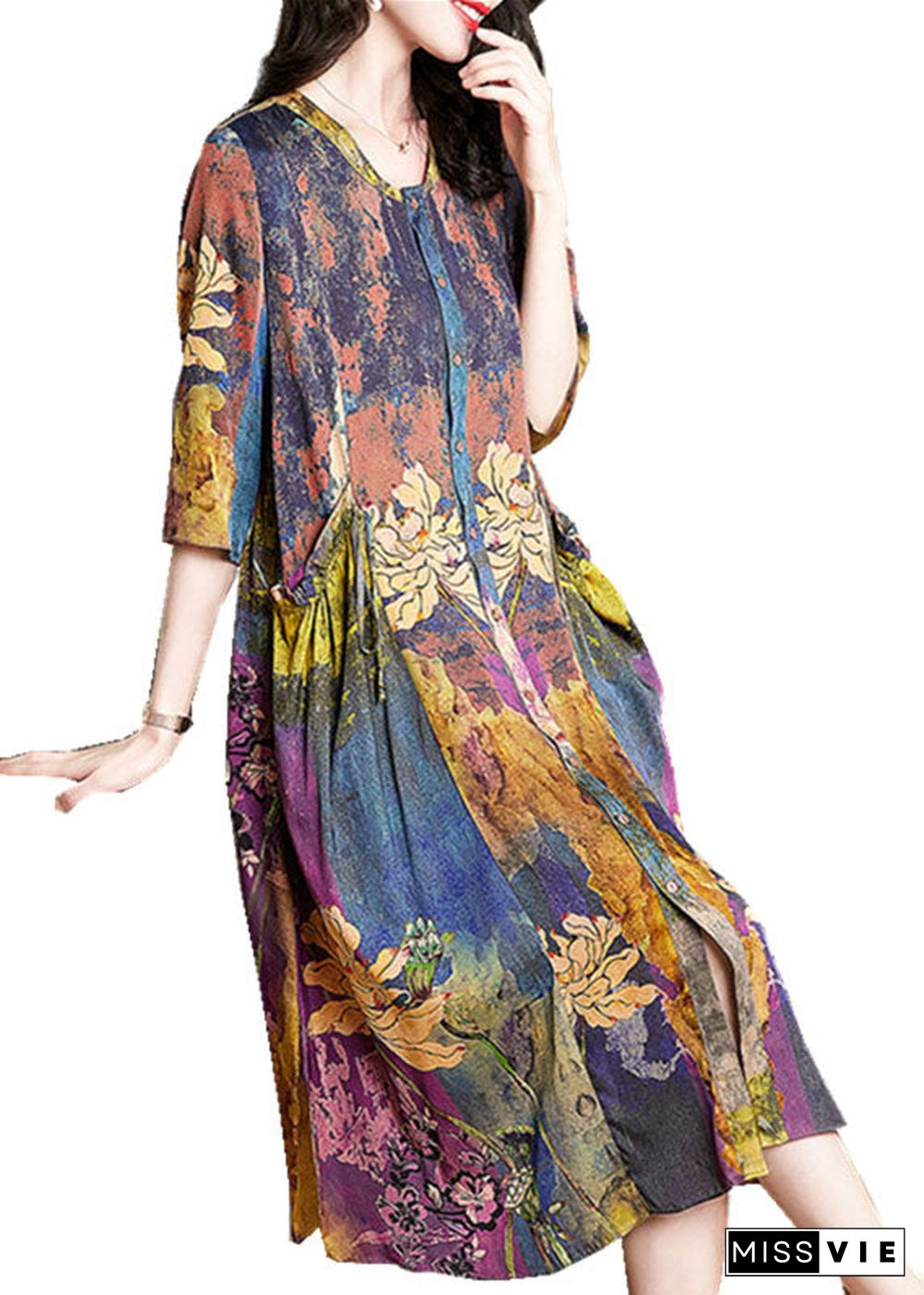 Bohemian Floral Pockets Wrinkled Patchwork Silk Dress Summer