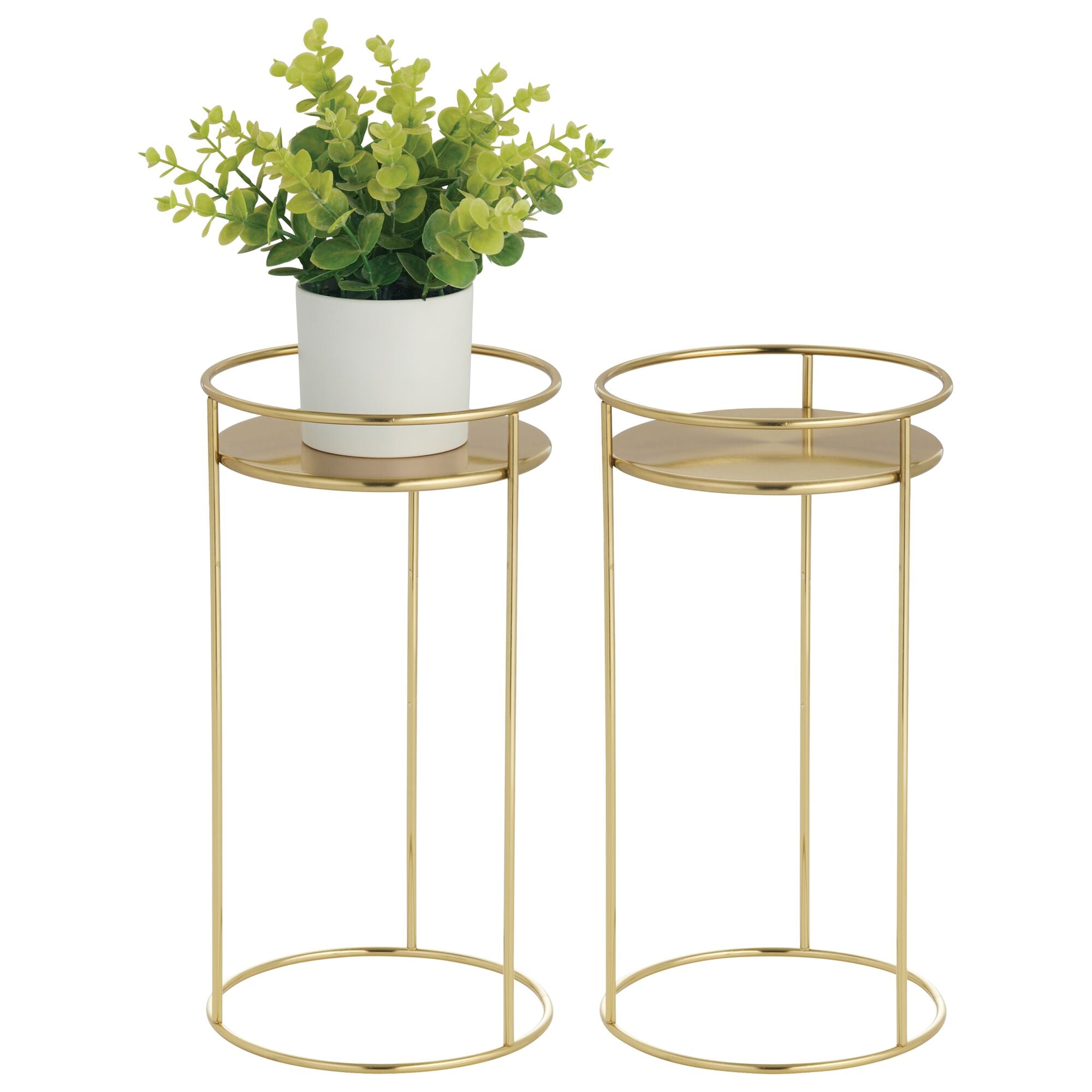 mDesign Metal 15-Inch Tall Circular Plant Stand, Planter Holder Contemporary Design Round Tray for Table, Garden; Holds Indoor/Outdoor Plants, Flower Pot - Concerto Collection - 2 Pack - Soft Brass