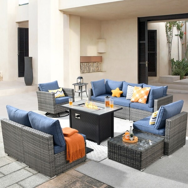 HOOOWOOO 10piece Patio Wicker Furniture Sectional Sofa Set Swivel Rocker with Fire Pit Table