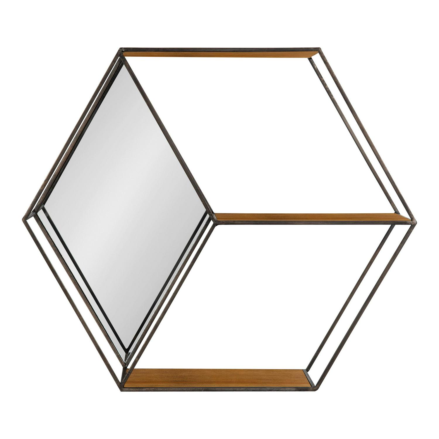 Kate and Laurel Lintz Modern Hexagon Floating Wall Shelves with Mirror， Black Metal Frame with Rustic Brown Shelves