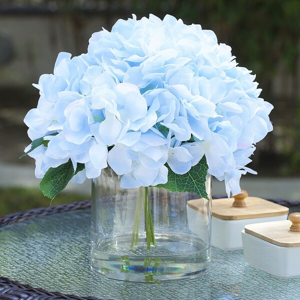 Enova Home Artificial Large Silk Hydrangea Fake Flowers Arrangement in Clear Glass Vase for Home Wedding Decoration