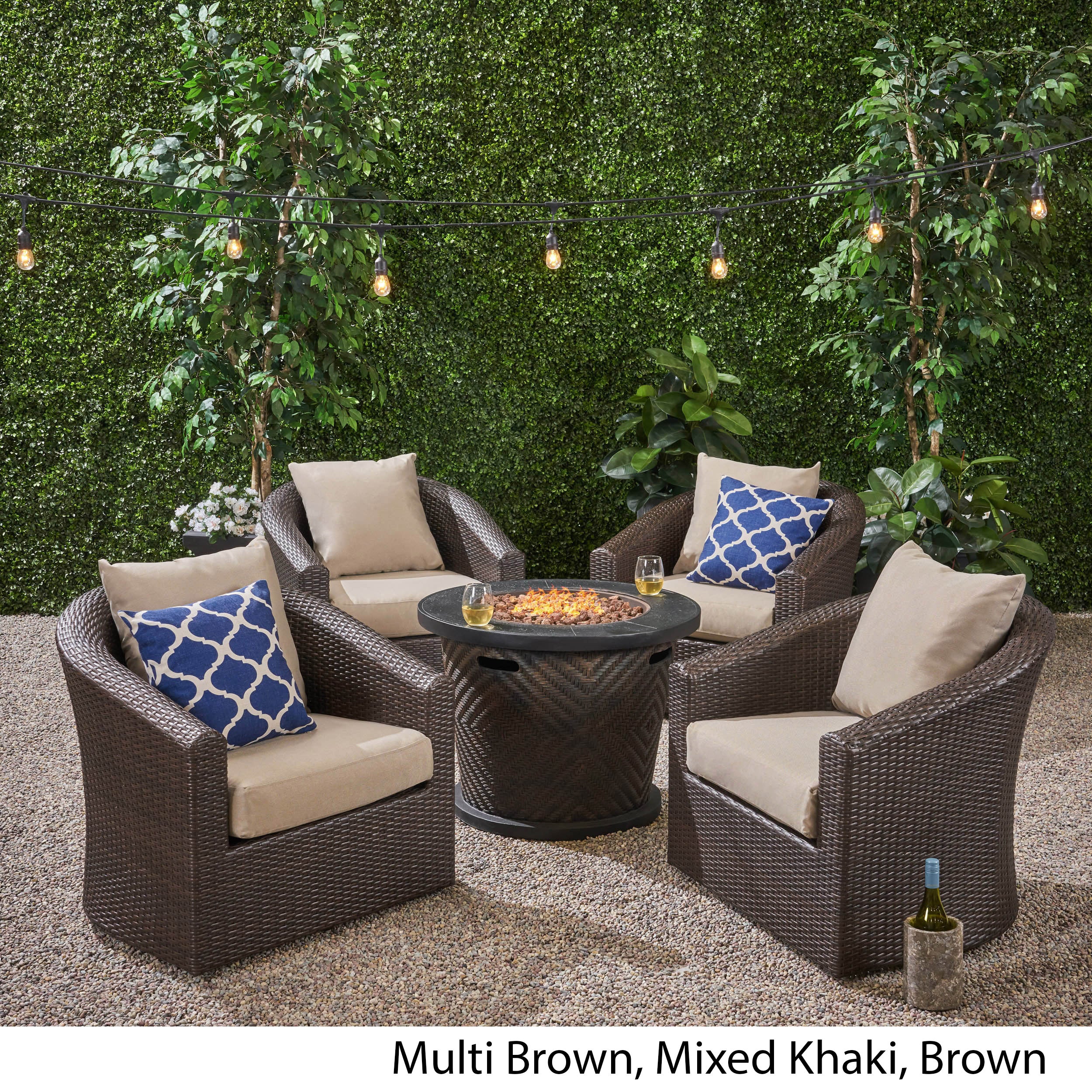 Liyam Outdoor 4 Piece Wicker Swivel Chair Set with Fire Pit, Multi Brown and Brown