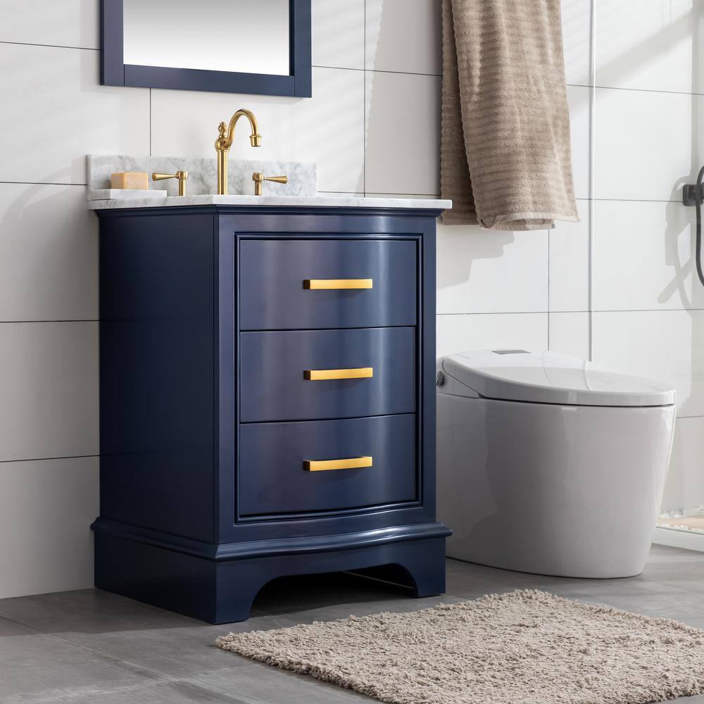 SUDIO Monroe 24 in. W x 22 in. D Bath Vanity in Navy Blue with Natural Marble Vanity Top in Carrara White with White Basin Monroe-24NB