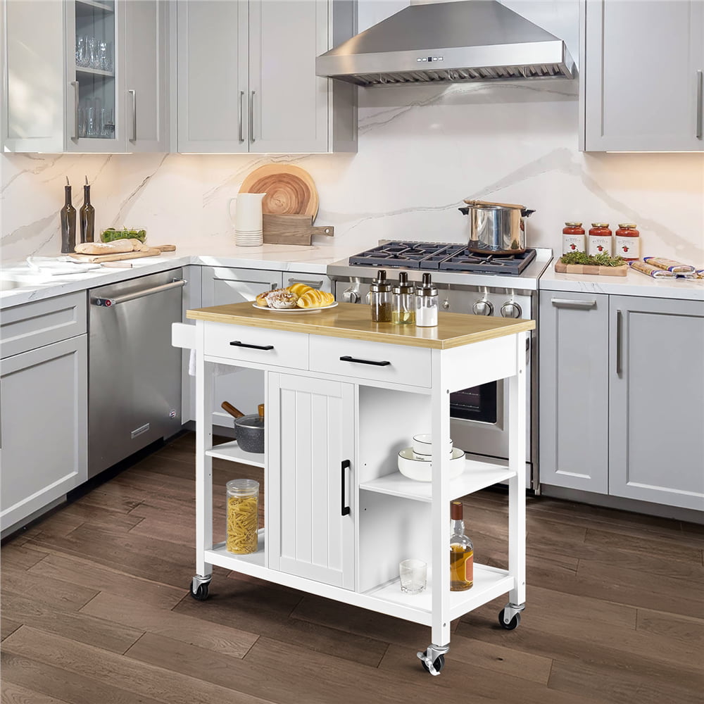 SmileMart Rolling Kitchen Storage Trolley Cart with Cabinet， Drawers and Towel Bar， White