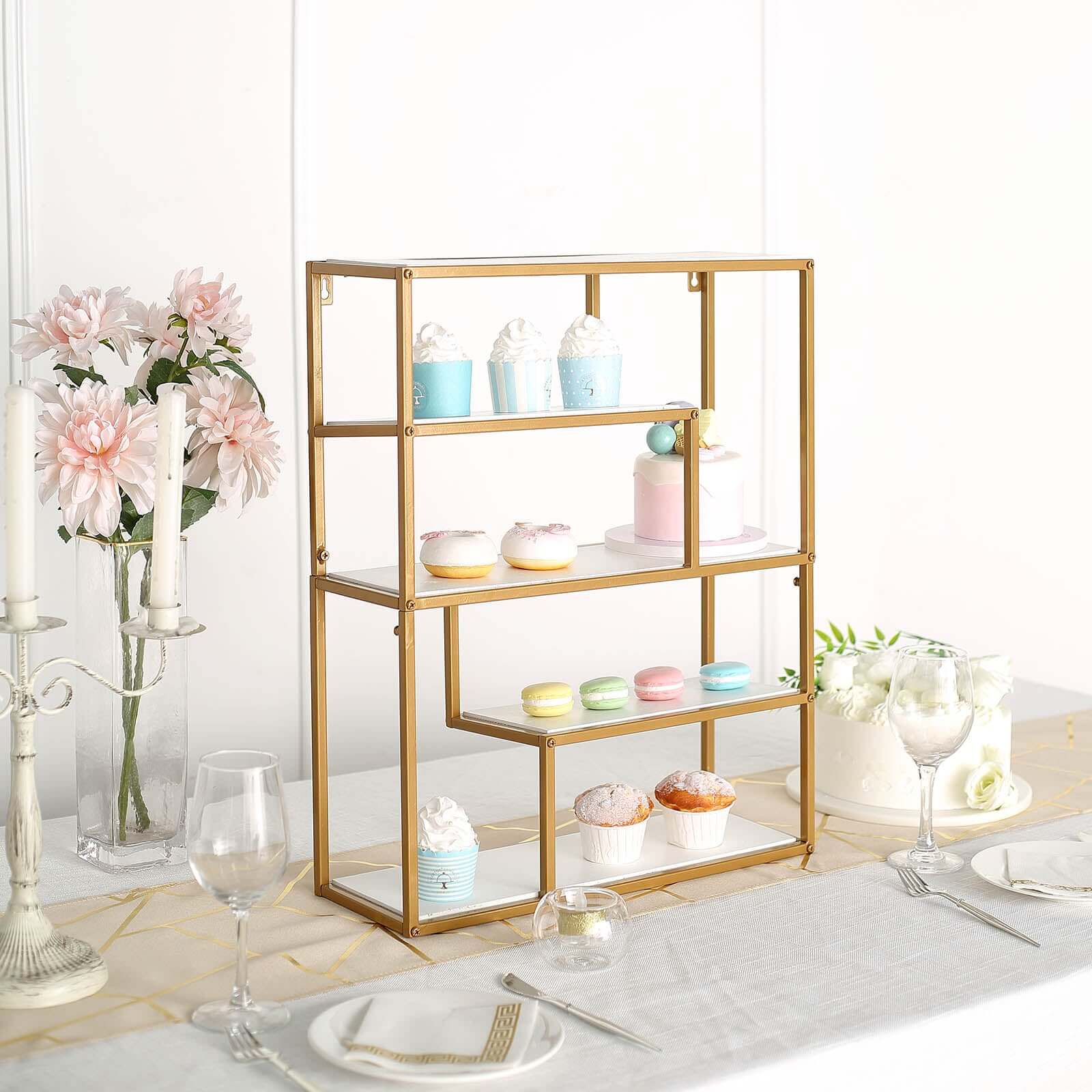 Gold Metal 4-Tier Dessert Cupcake Stand, Wall Hanging Shelf Display Rack, Book Shelf With White Wood Panels 22