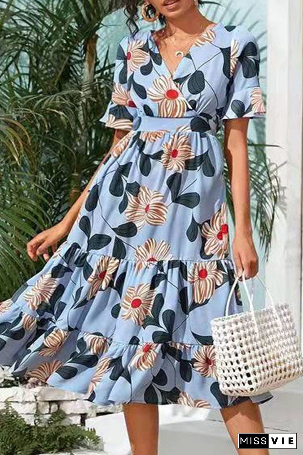 Fashion Street Print Split Joint V Neck A Line Dresses