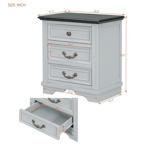 Modern Vintage Nightstand with 3 Drawers， Premium Top， 4 legs， Bedside Table - - 37797714