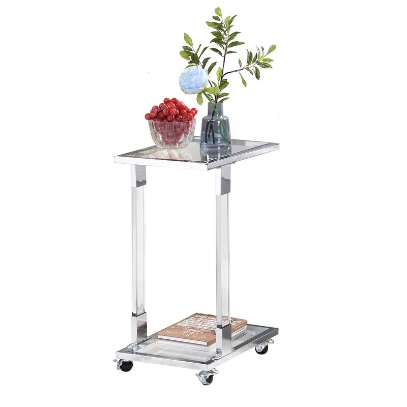 Grondin Modern Contemporary C Shaped Side Table Snack Table with Tempered Glass  Steel and Acrylic Frame  Lockable Casters