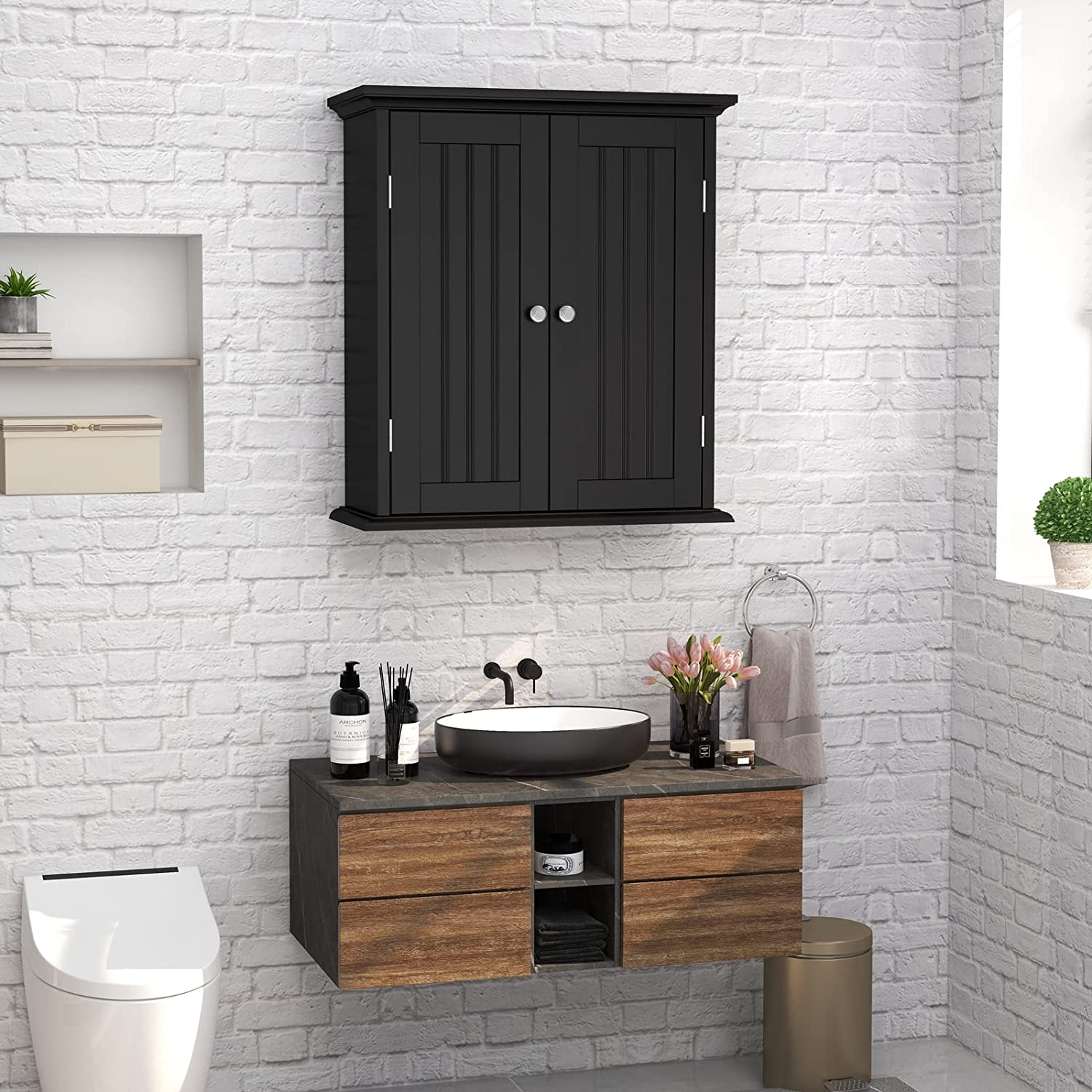 Bathroom Wall Cabinet, Over The Toilet Space Saver Storage Cabinet, Medicine Cabinet with 2 Door and Adjustable Shelves, Cupboard (Black)