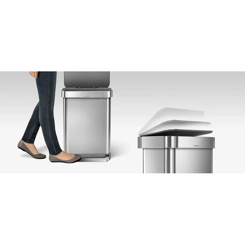 simplehuman 58 Liter / 15.3 Gallon Rectangular Hands-Free Dual Compartment Recycling Kitchen Step Trash Can with Soft-Close Lid， Brushed Stainless Steel