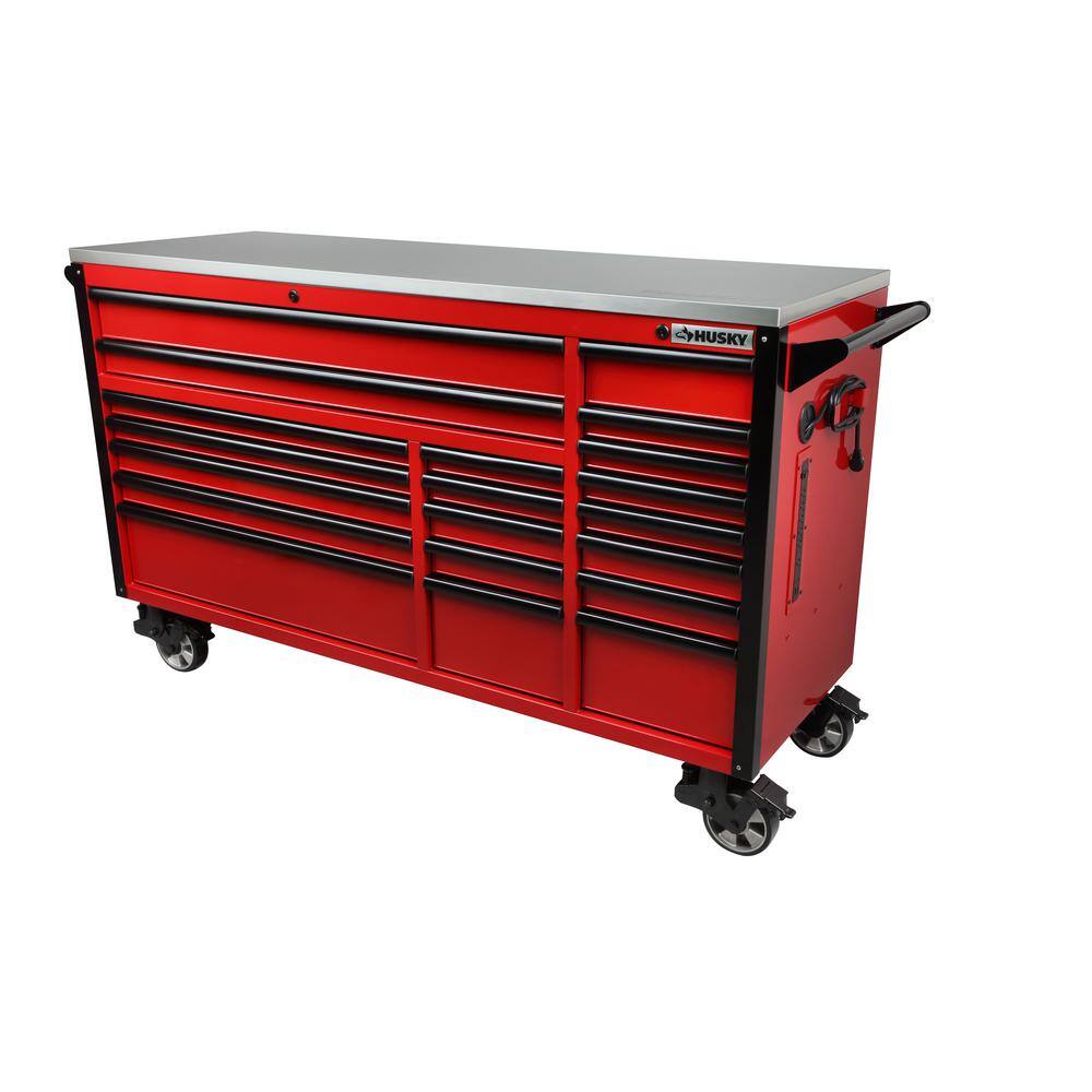 Husky 72 in. W x 24.5 in. D Professional Duty 20-Drawer Mobile Workbench Tool Chest with 2 Side Lockers and Top Hutch in Red HPROSUITE4RED