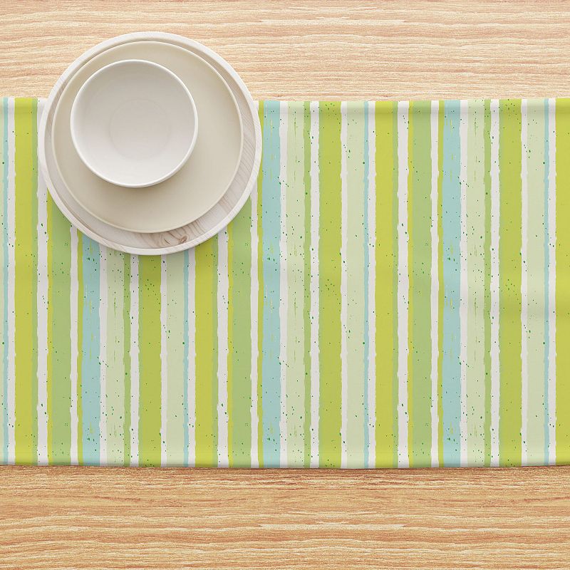 Table Runner， 100% Cotton， 16x108， Green Stripes and Ink Splatter